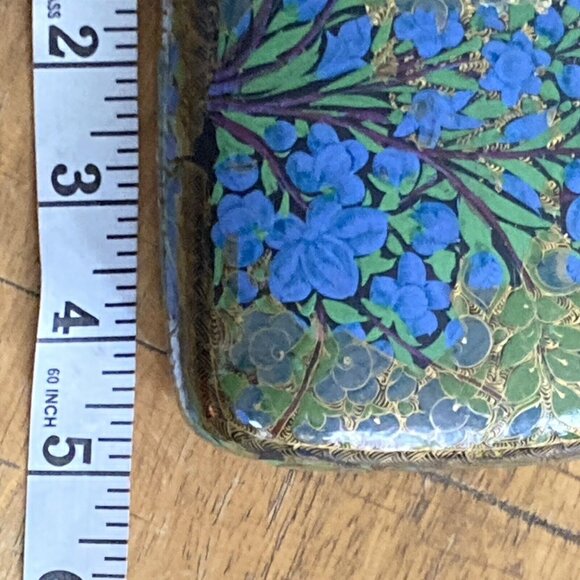 Kashmir India Lacquer Trinket Box Beautiful Blue Flower Glossy Black - Picture 7 of 9